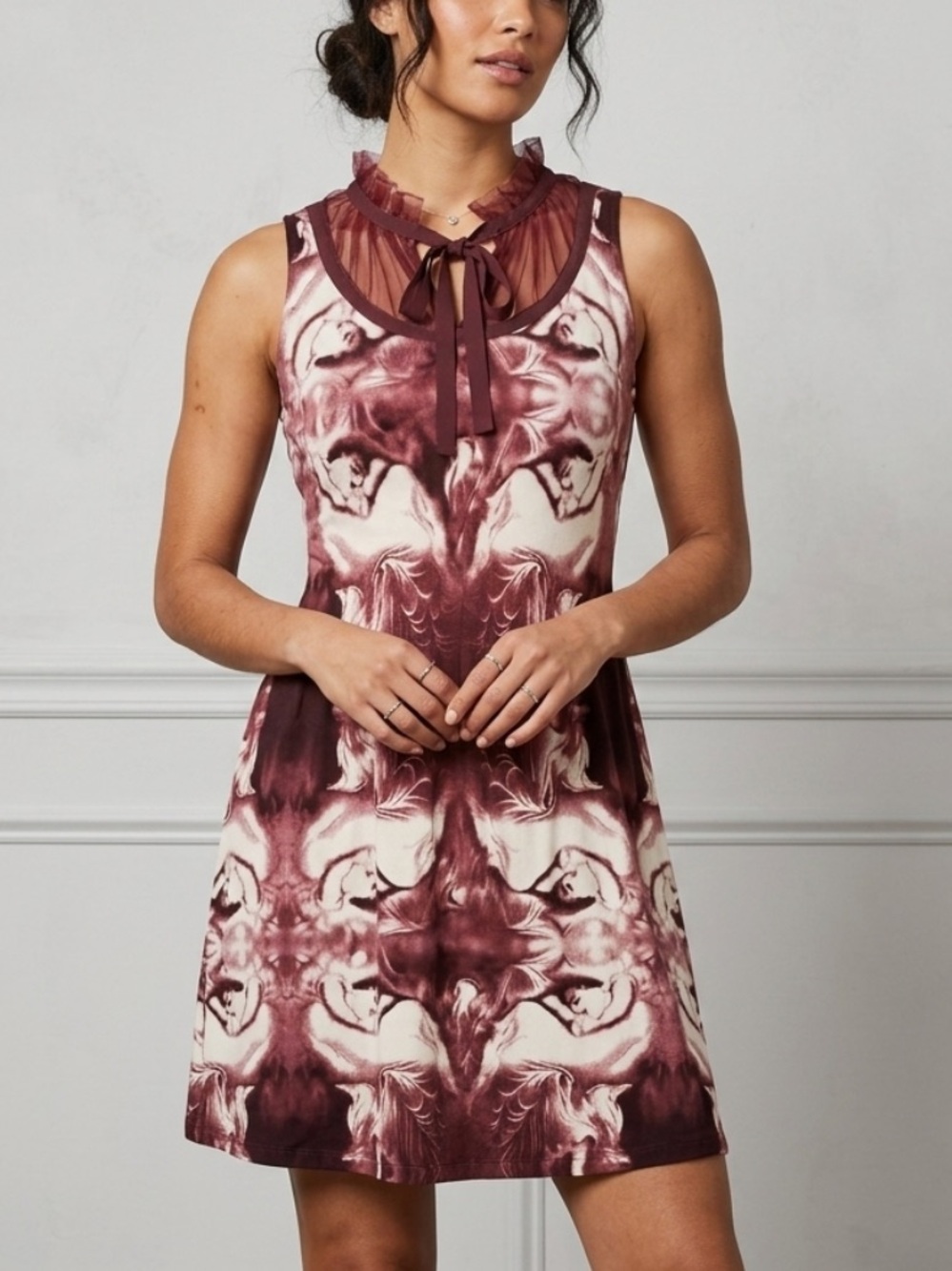 Anthro Twelve by Twelve Burgundy Watercolor High Neck Ruffle Mini Dress SizeS